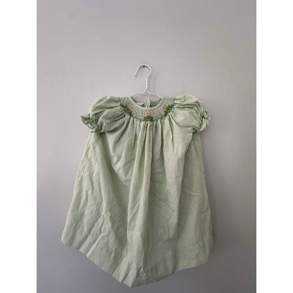 Silly Goose Girls Hand Smocked Frog Princess Green White Gingham Plaid Dress 18